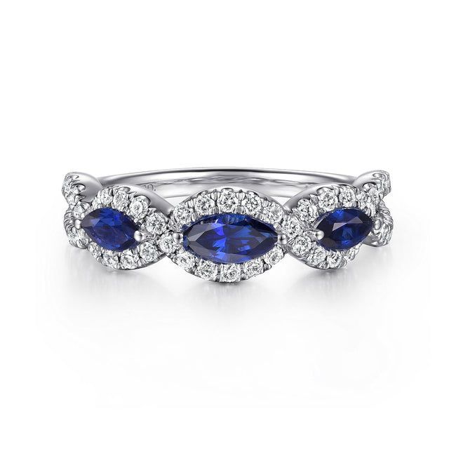 14K White Gold Twisted Diamond Rows and Sapphire Marquise Stones Ring