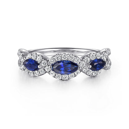 14K White Gold Twisted Diamond Rows and Sapphire Marquise Stones Ring
