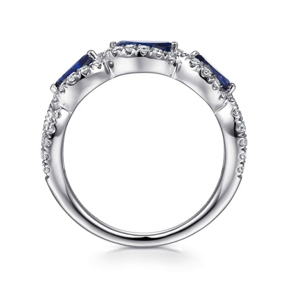 14K White Gold Twisted Diamond Rows and Sapphire Marquise Stones Ring