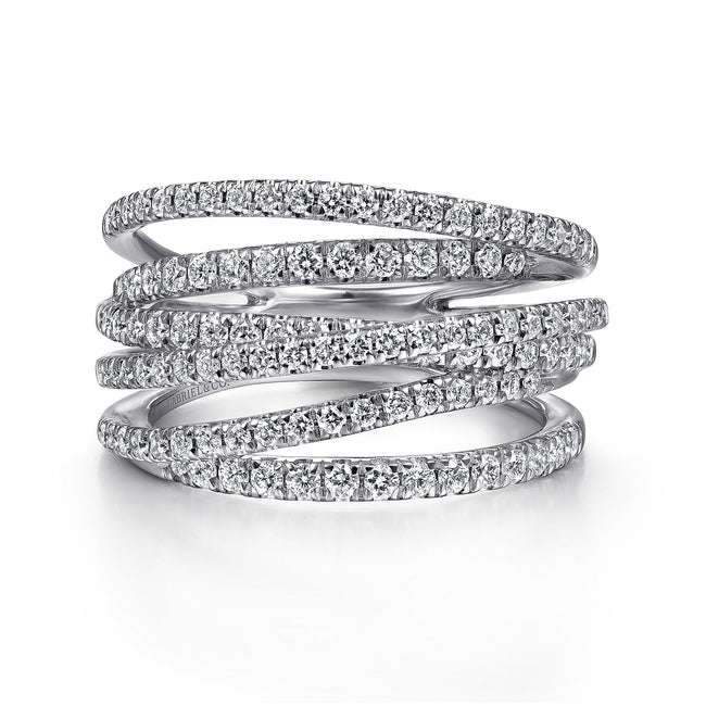 14k White Gold Layered Criss Crossing Wide Band Diamond Ring