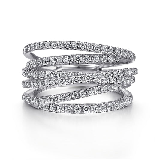 14k White Gold Layered Criss Crossing Wide Band Diamond Ring
