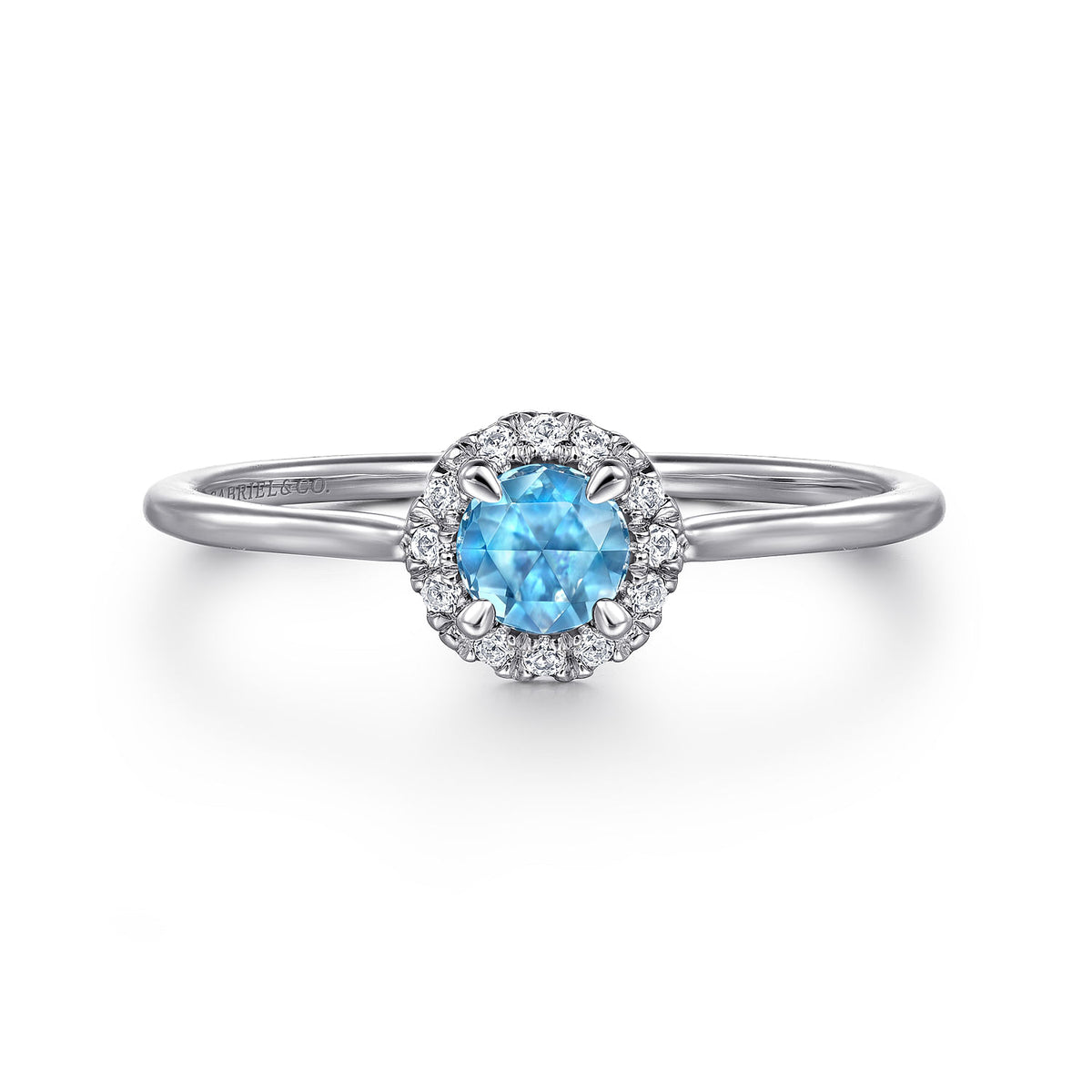14K White Gold Blue Topaz and Diamond Halo Promise Ring