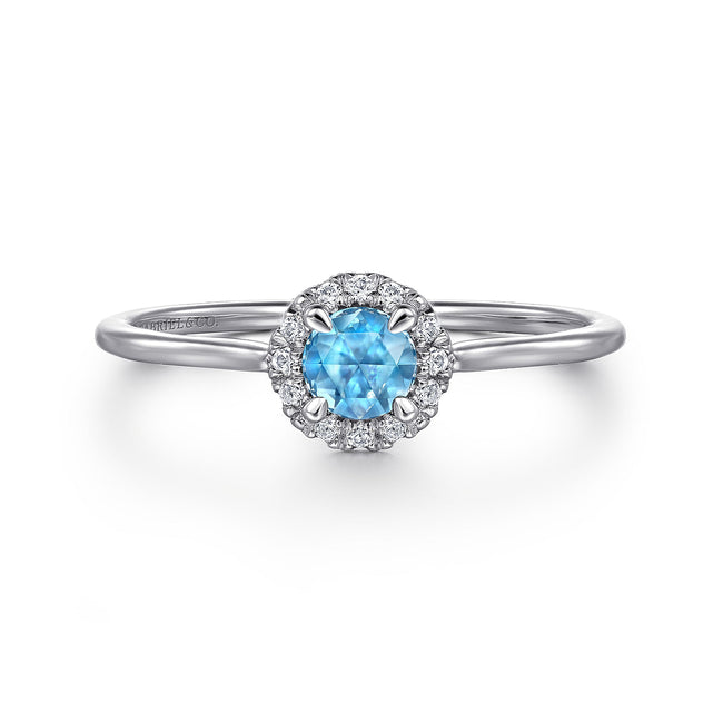 14K White Gold Blue Topaz and Diamond Halo Promise Ring