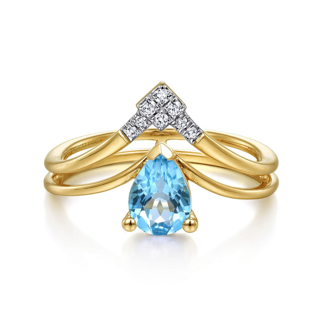 14K Yellow Gold Pear Shape Blue Topaz and Diamond V Ring