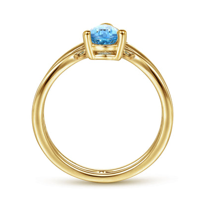 14K Yellow Gold Pear Shape Blue Topaz and Diamond V Ring