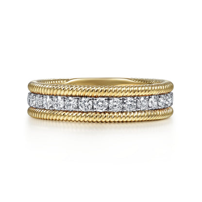 14K Yellow Gold Diamond Band Stackable with Twisted Rope Border