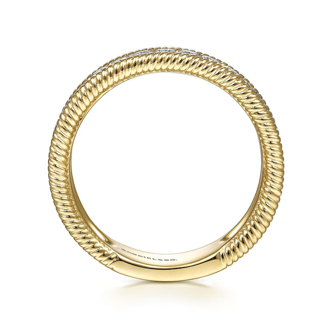 14K Yellow Gold Diamond Band Stackable with Twisted Rope Border