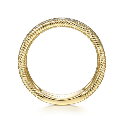 14K Yellow Gold Diamond Band Stackable with Twisted Rope Border