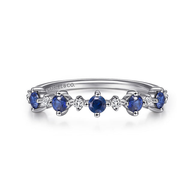 14K White Gold Alternating Round Diamond and Sapphire Ring