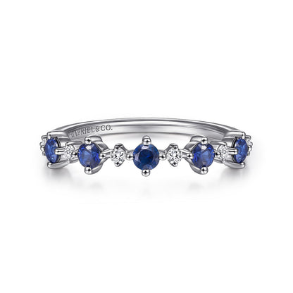 14K White Gold Alternating Round Diamond and Sapphire Ring