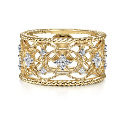 14K Yellow Gold Wide Open Work Diamond Ring with Twisted Rope Edge