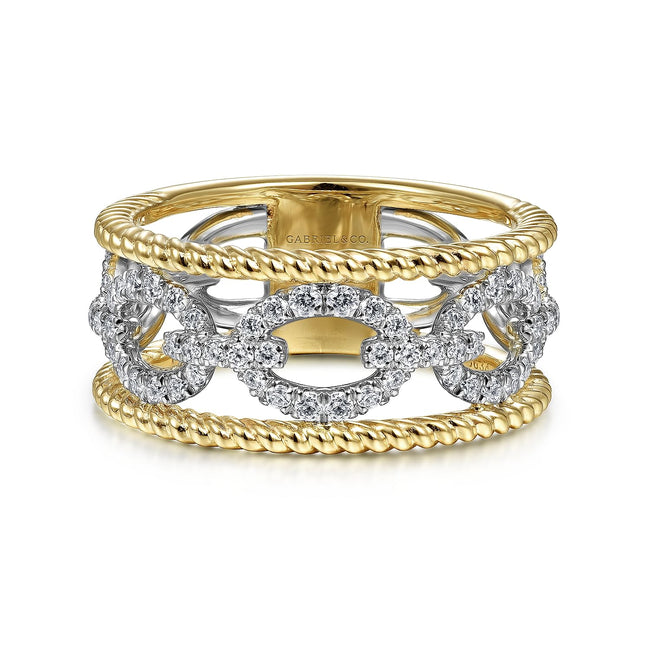 14K White-Yellow Gold Diamond Link and Twisted Rope Ring