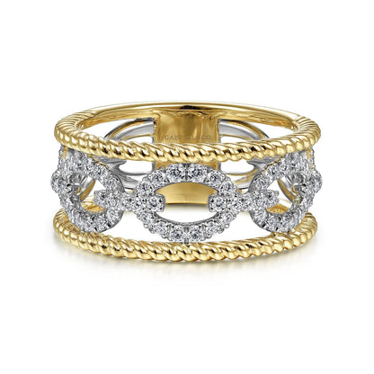 14K White-Yellow Gold Diamond Link and Twisted Rope Ring