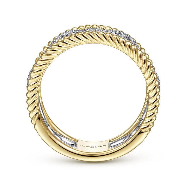 14K White-Yellow Gold Diamond Link and Twisted Rope Ring