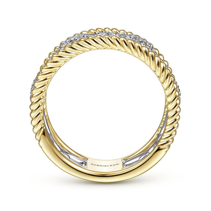 14K White-Yellow Gold Diamond Link and Twisted Rope Ring
