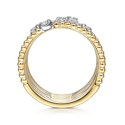 14K White-Yellow Gold Five Row Bujukan Ball and Diamond Station Ring