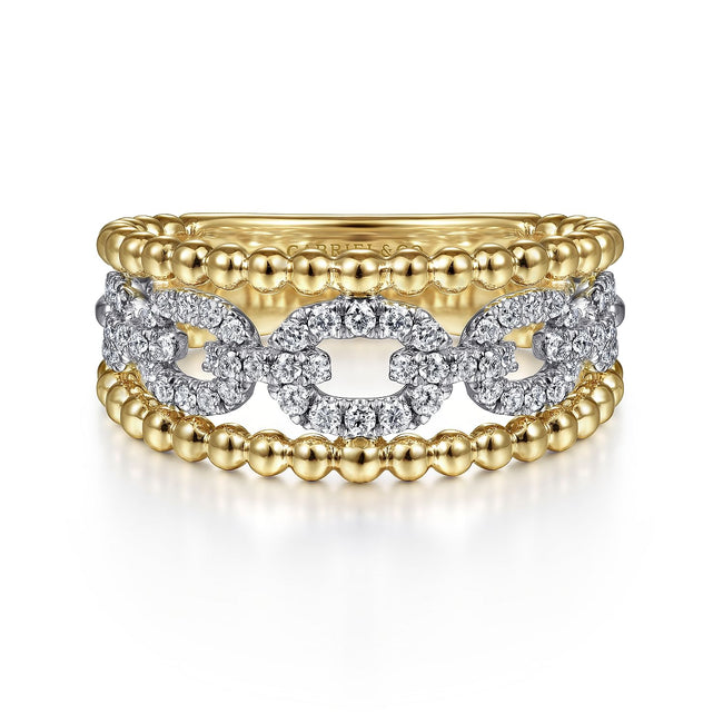 14K White-Yellow Gold Pavé Diamond Link and Bujukan Bead Ring
