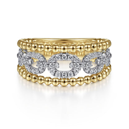 14K White-Yellow Gold Pavé Diamond Link and Bujukan Bead Ring