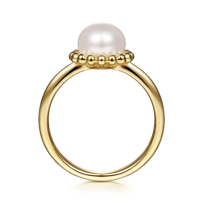 14K Yellow Gold Pearl Ring with Bujukan Beaded Halo