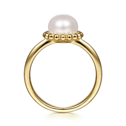 14K Yellow Gold Pearl Ring with Bujukan Beaded Halo