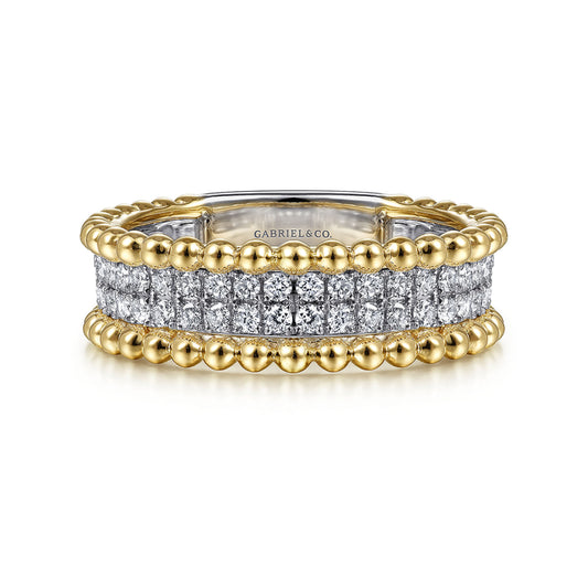 14K White-Yellow Gold Three Row Diamond and Bujukan Bead Ring