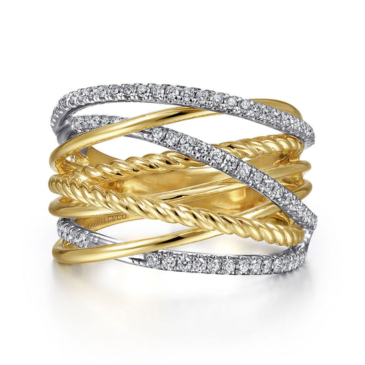 14K White-Yellow Gold Twisted Rope and Diamond Criss Cross Ring