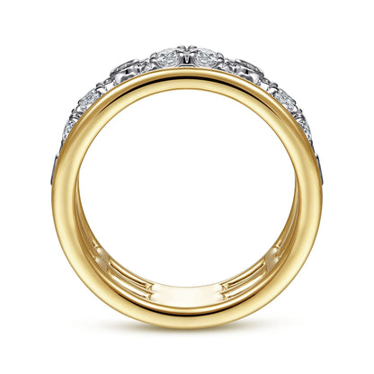 14K White-Yellow Gold Three Row Diamond Open Ring
