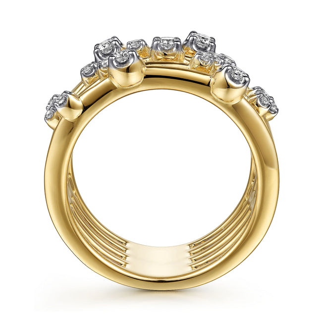 14K Yellow Gold Multi Row Diamond Wide Band Ring