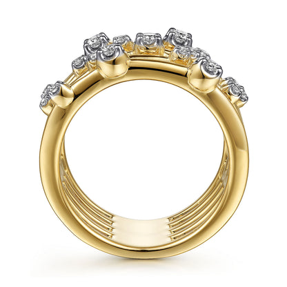 14K Yellow Gold Multi Row Diamond Wide Band Ring