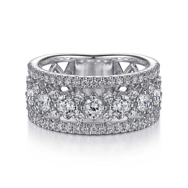 14K White Gold Three Row Diamond Wide Band Ring