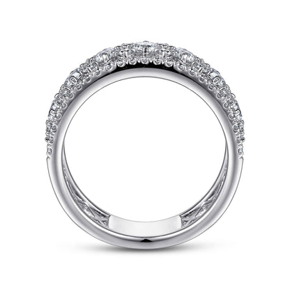 14K White Gold Three Row Diamond Wide Band Ring