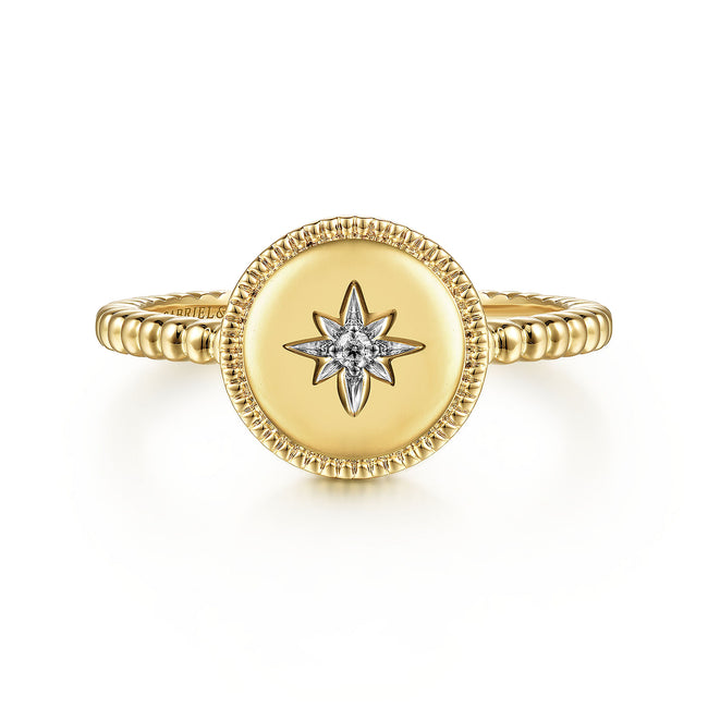 14K Yellow Gold Round Diamond Star Bujukan Signet Ring