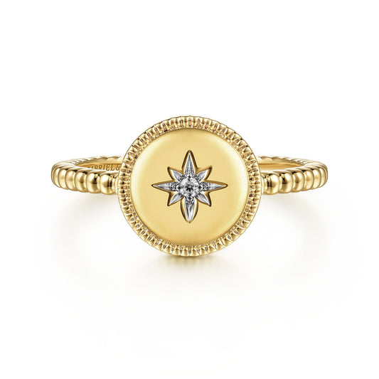 14K Yellow Gold Round Diamond Star Bujukan Signet Ring