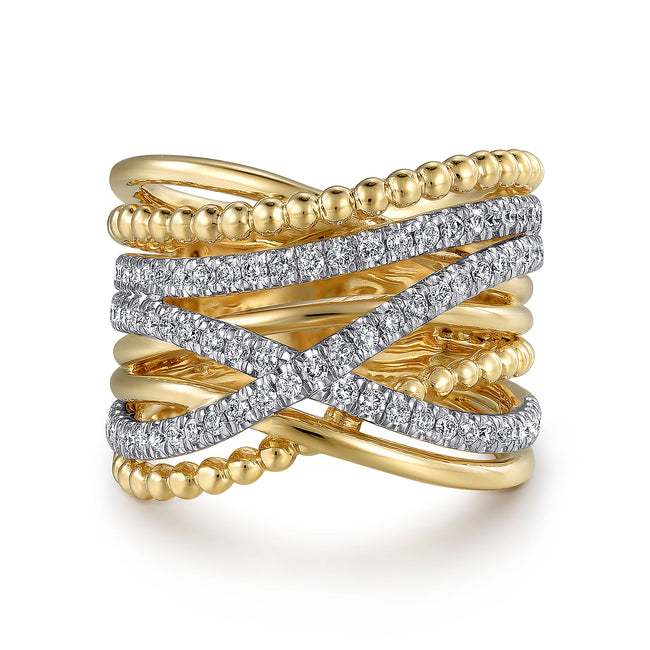 14K Yellow Gold Wide Bujukan Criss Cross Diamond Ring