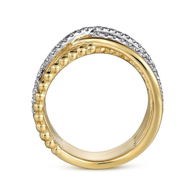 14K Yellow Gold Wide Bujukan Criss Cross Diamond Ring