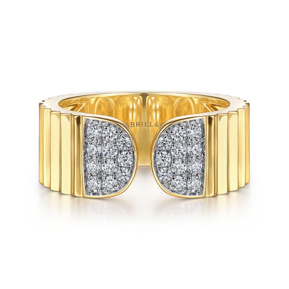 14K Yellow Gold Open Ring with Diamond Pavé End Caps and Diamond Cut Texture