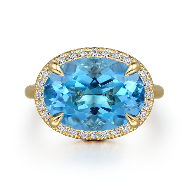 14K Yellow Gold Diamond and Oval Shape Blue Topaz Ladies Ring With Flower Pattern Gallery