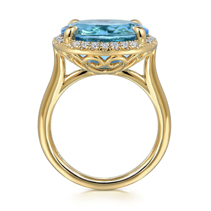 14K Yellow Gold Diamond and Oval Shape Blue Topaz Ladies Ring With Flower Pattern Gallery
