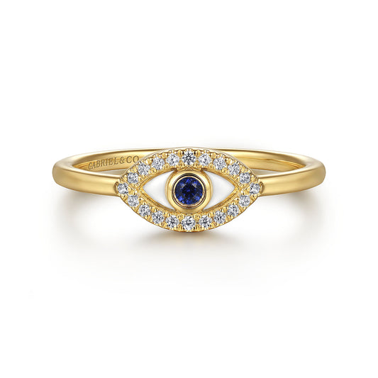 14K Yellow Gold Diamond and Blue Sapphire Evil Eye Stackable with White Enamel