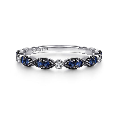 14K White Gold Black Rhodium Diamond and Blue Sapphire Stackable Ladies Ring