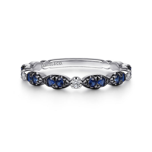 14K White Gold Black Rhodium Diamond and Blue Sapphire Stackable Ladies Ring