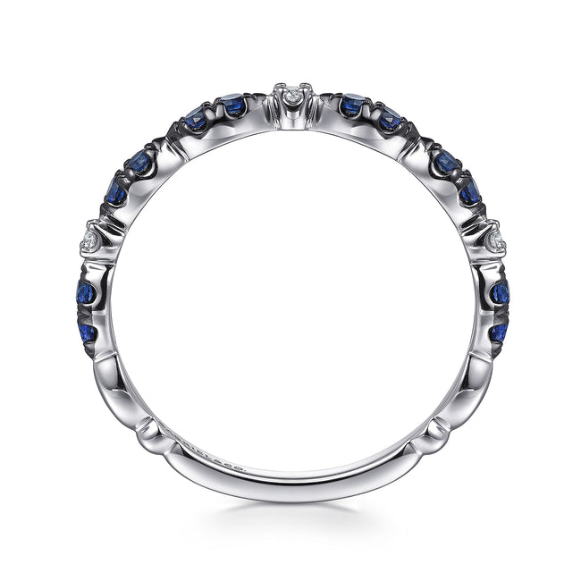 14K White Gold Black Rhodium Diamond and Blue Sapphire Stackable Ladies Ring