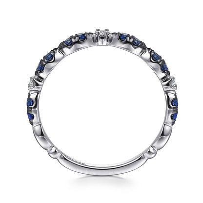 14K White Gold Black Rhodium Diamond and Blue Sapphire Stackable Ladies Ring