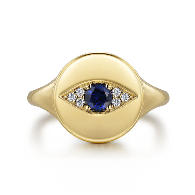 14K Yellow Gold Bujukan Diamond and Sapphire Evil Eye Signet Ladies Ring