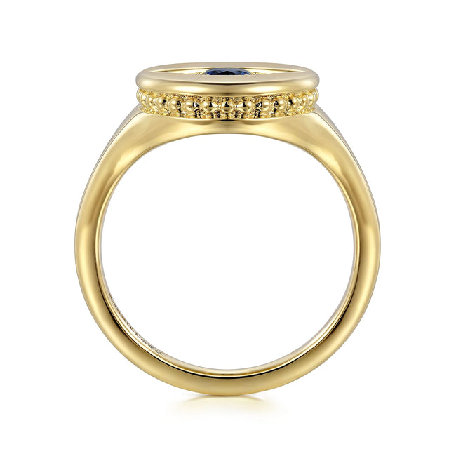 14K Yellow Gold Bujukan Diamond and Sapphire Evil Eye Signet Ladies Ring