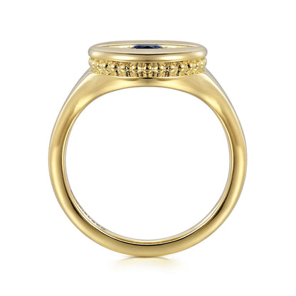 14K Yellow Gold Bujukan Diamond and Sapphire Evil Eye Signet Ladies Ring