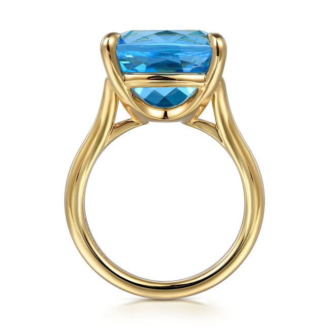 14K Yellow Gold Cushion Cut Blue Topaz Ladies Ring