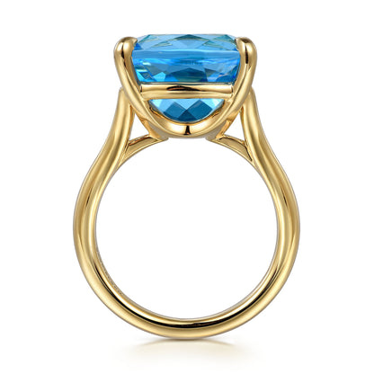 14K Yellow Gold Cushion Cut Blue Topaz Ladies Ring