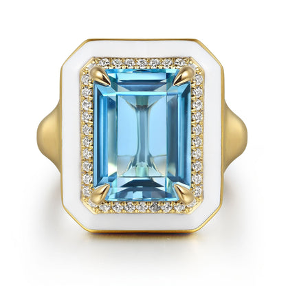 14K Yellow Gold Diamond Halo and Blue Topaz Cocktail Ring with White Enamel