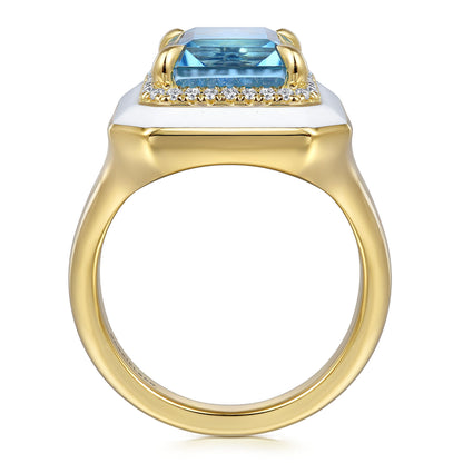 14K Yellow Gold Diamond Halo and Blue Topaz Cocktail Ring with White Enamel